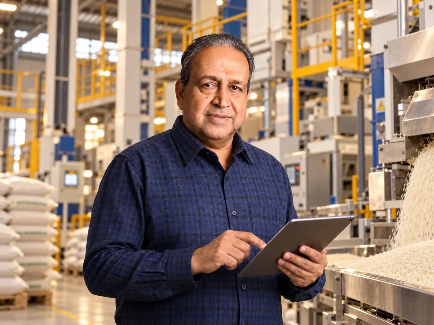 Bajrang Khaitan noting observations on a tablet in the mill