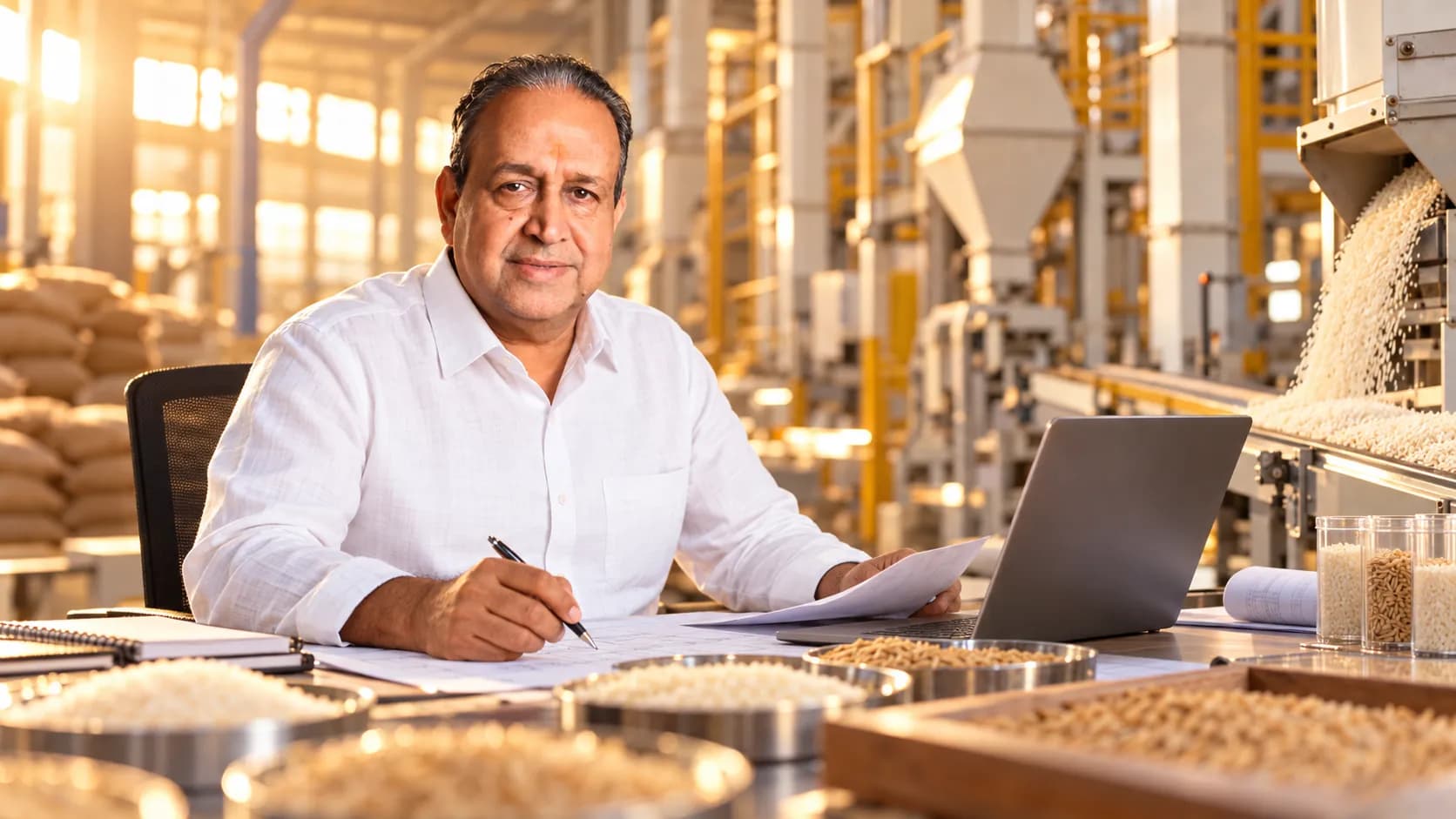 Bajrang Khaitan reviewing mill data on a laptop