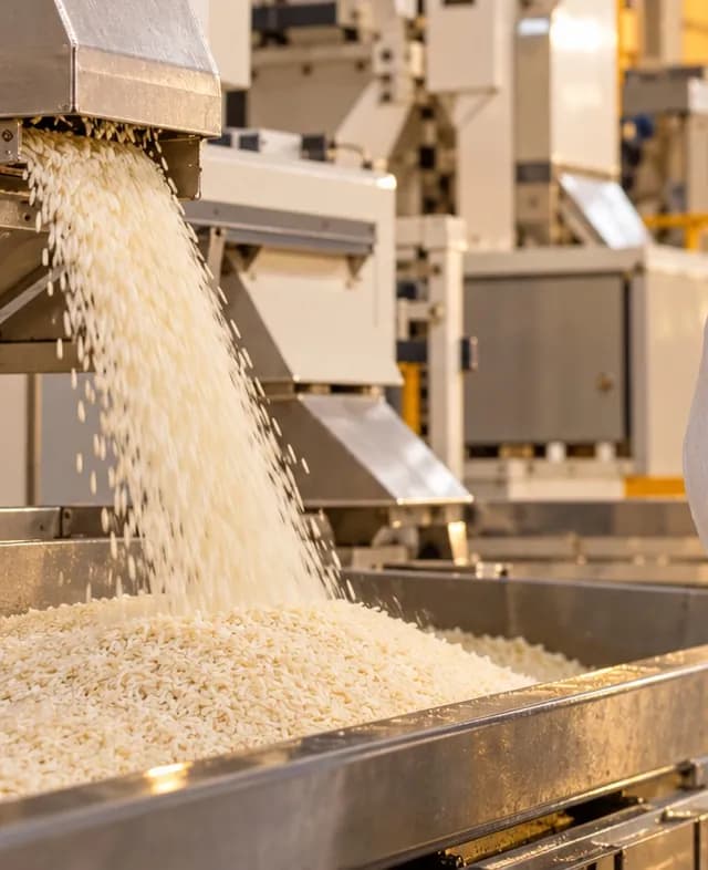 Milled rice pouring from a grader