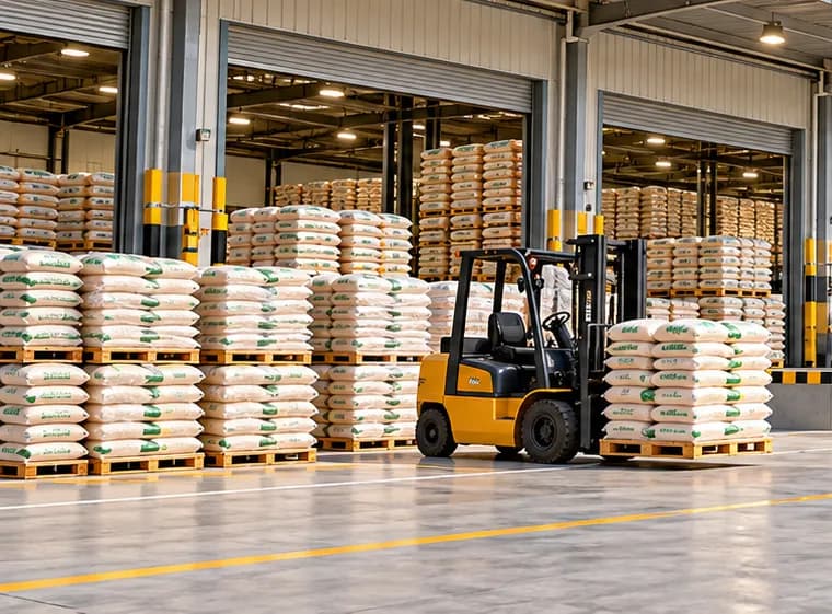 Stacked rice bags in a mill warehouse