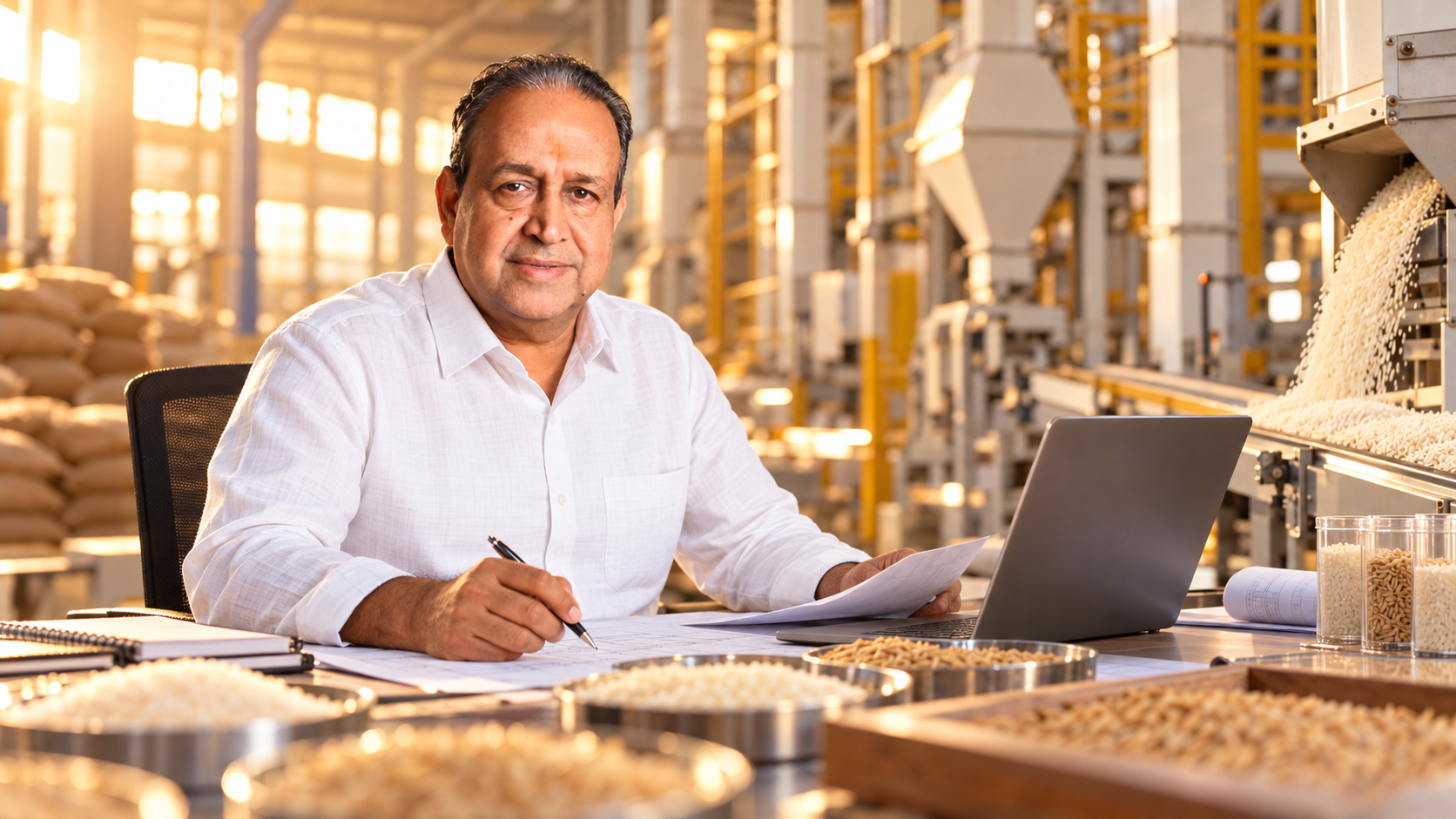 Bajrang Khaitan reviewing rice quality